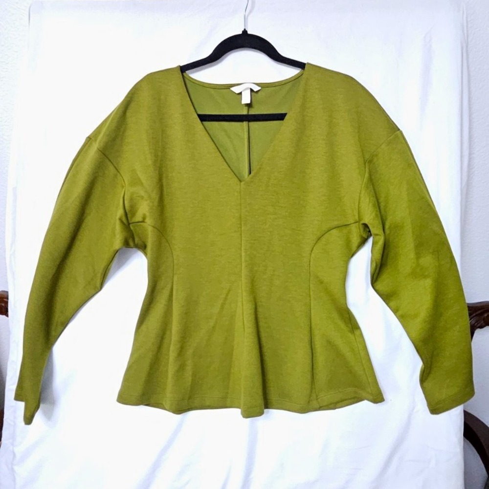 H&M Womens Green V-Neck Long Sleeve Scuba Knit Pullover Blouse Top Size M